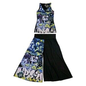 Y2K Funky Diva Super Flare Hip Hop Graffiti Street Dance Capri Pant + Tank Set L